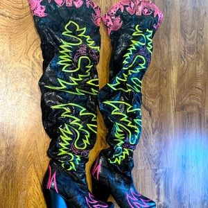 Lime Green and Pink Over The Knee Cowgirl Snake Print Boots